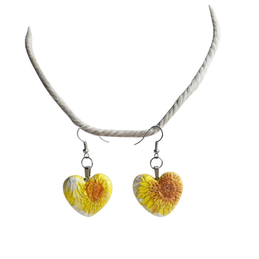 Heart-shaped earrings with floral design on a white background