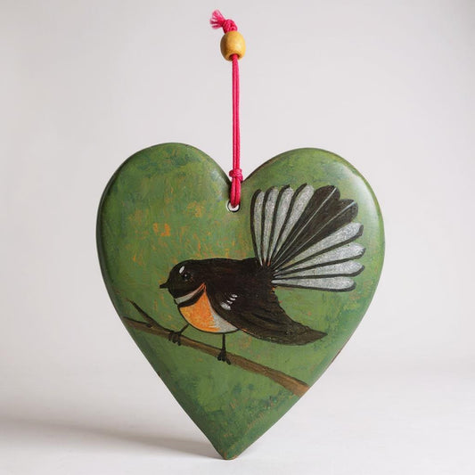 Ceramic Heart decorated with New Zealand Fantail Bird Decorated  and designed by Yoko d'Arnaud.