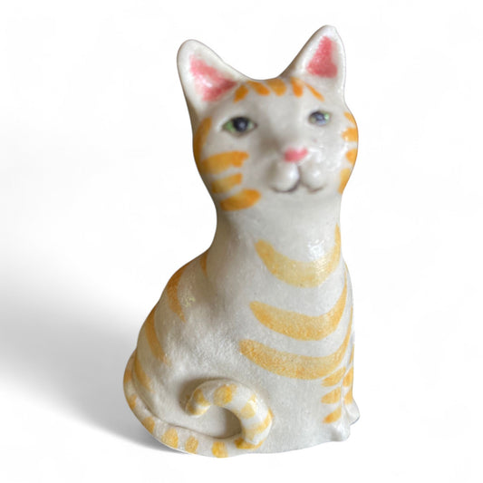 Porcelain Cat sculpture with yellow stripes
