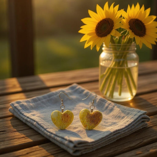 Heart-shaped earrings on a cloth with sunflowers in a jar in the background