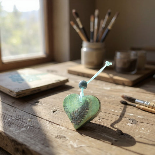 Work Bench showing Ceramic Shaped Heart Showing Iconic New Zealand Silver Fern.