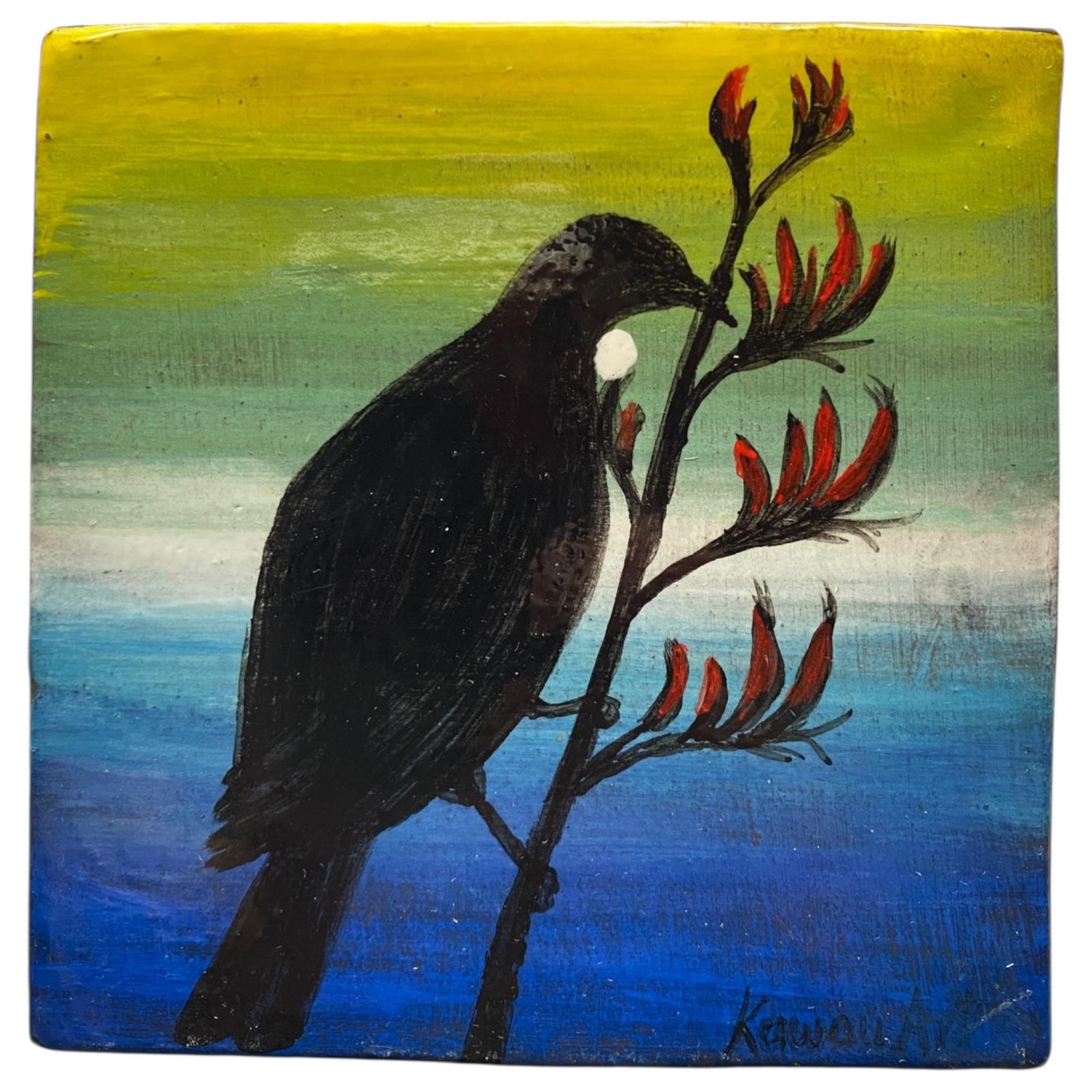 Painting of a Tui bird perched on a Flax flower against a colorful background
