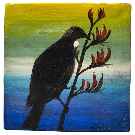 Painting of a Tui bird perched on a Flax flower against a colorful background