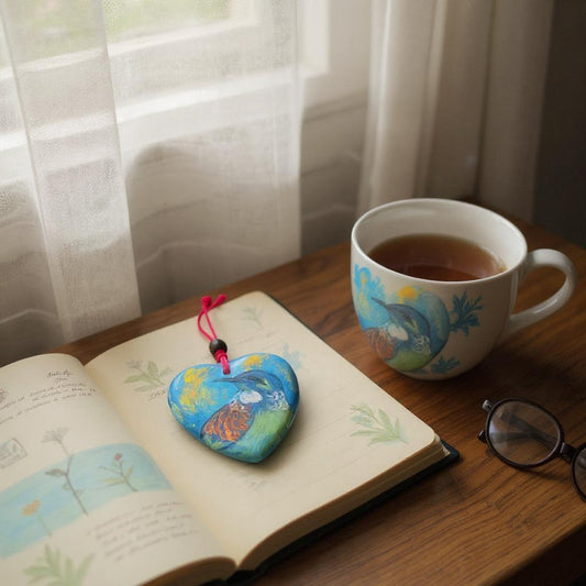 Cup of tea on a wooden table with an open book, decorative heart, and glasses. Heart-shaped ornament with a New Zealand native bird the Tui design on a pink string.