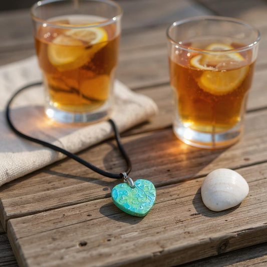 Two glasses of iced tea with lemon slices on a wooden surface, accompanied by a necklace with a heart-shaped pendant.