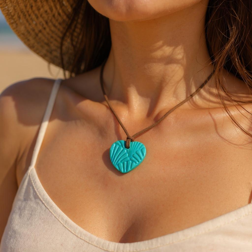 Woman wearing a turquoise heart-shaped pendant necklace on a beach.