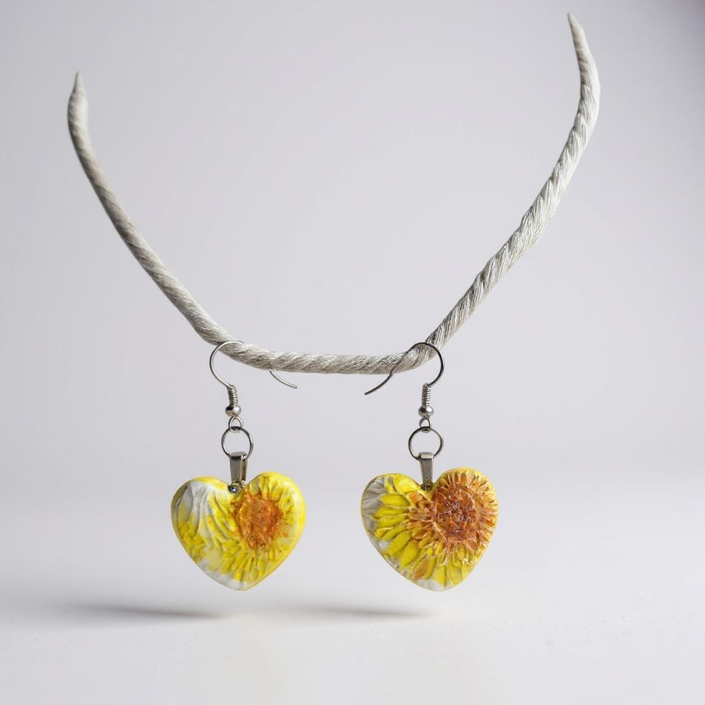 Heart-shaped earrings with yellow and orange floral design on a gray background