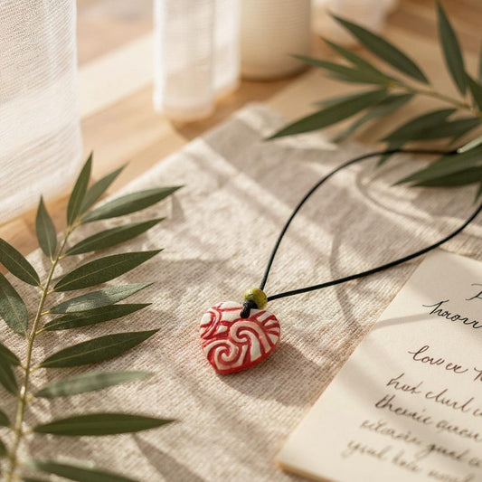 Red and white pendant necklace on a textured surface with green leaves