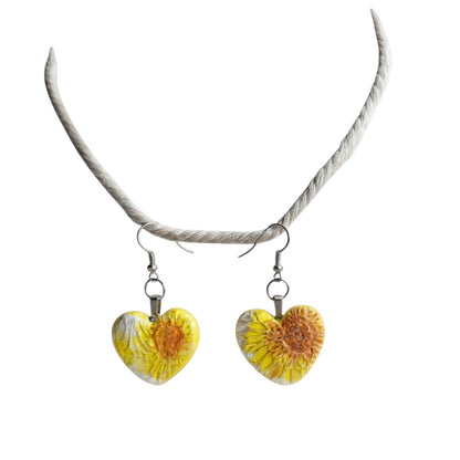 Heart-shaped earrings with floral design on a white background