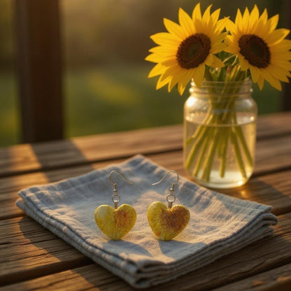 Heart-shaped earrings on a cloth with sunflowers in a jar in the background