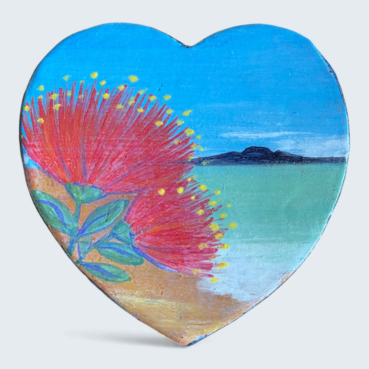 Hand-Painted Pōhutukawa & Rangitoto Ceramic Heart Wall Art.